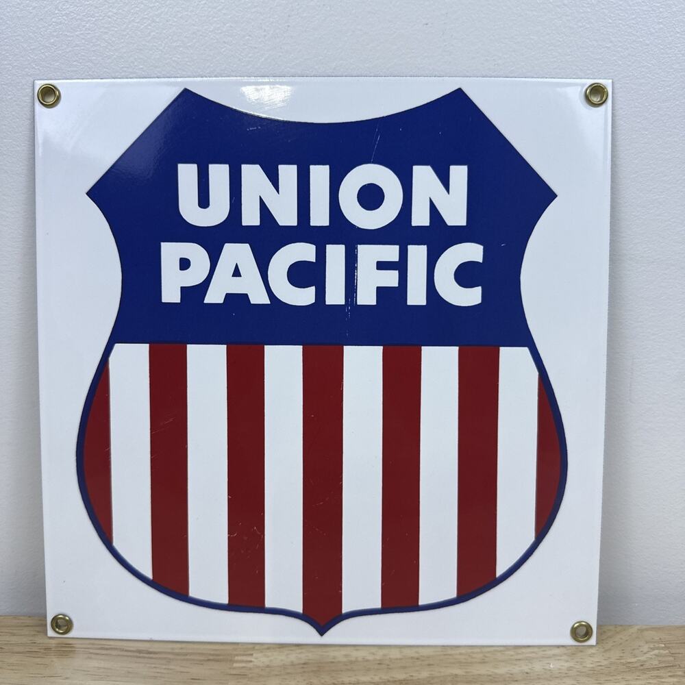 Vintage Ande Rooney Union Pacific Railroad Porcelain Enameled Sign